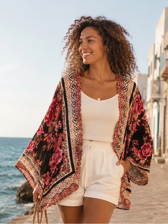 Angie Other - Angie Floral Boho Kimono Cardigan Black Pink Festival Resort Layering Size M
